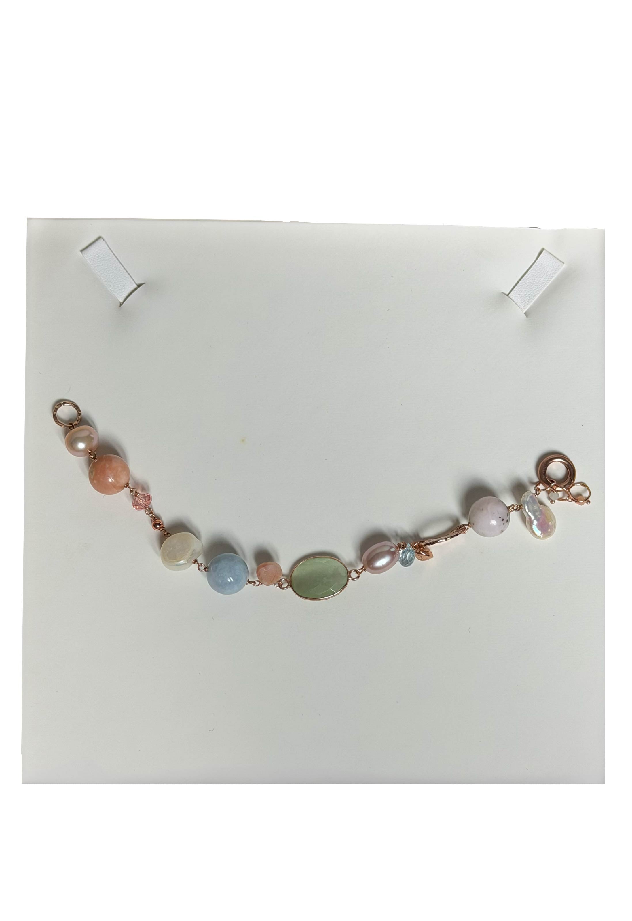 Collana scomponibile perle, acquamarina, opale rosa e quarzo