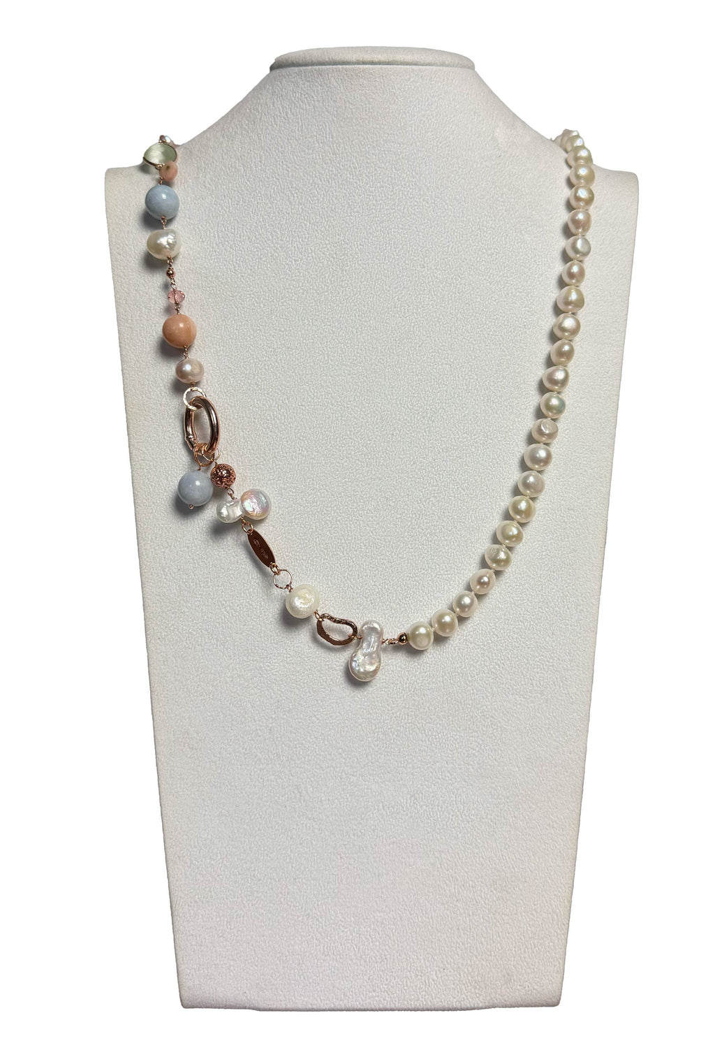 Collana scomponibile perle, acquamarina, opale rosa e quarzo