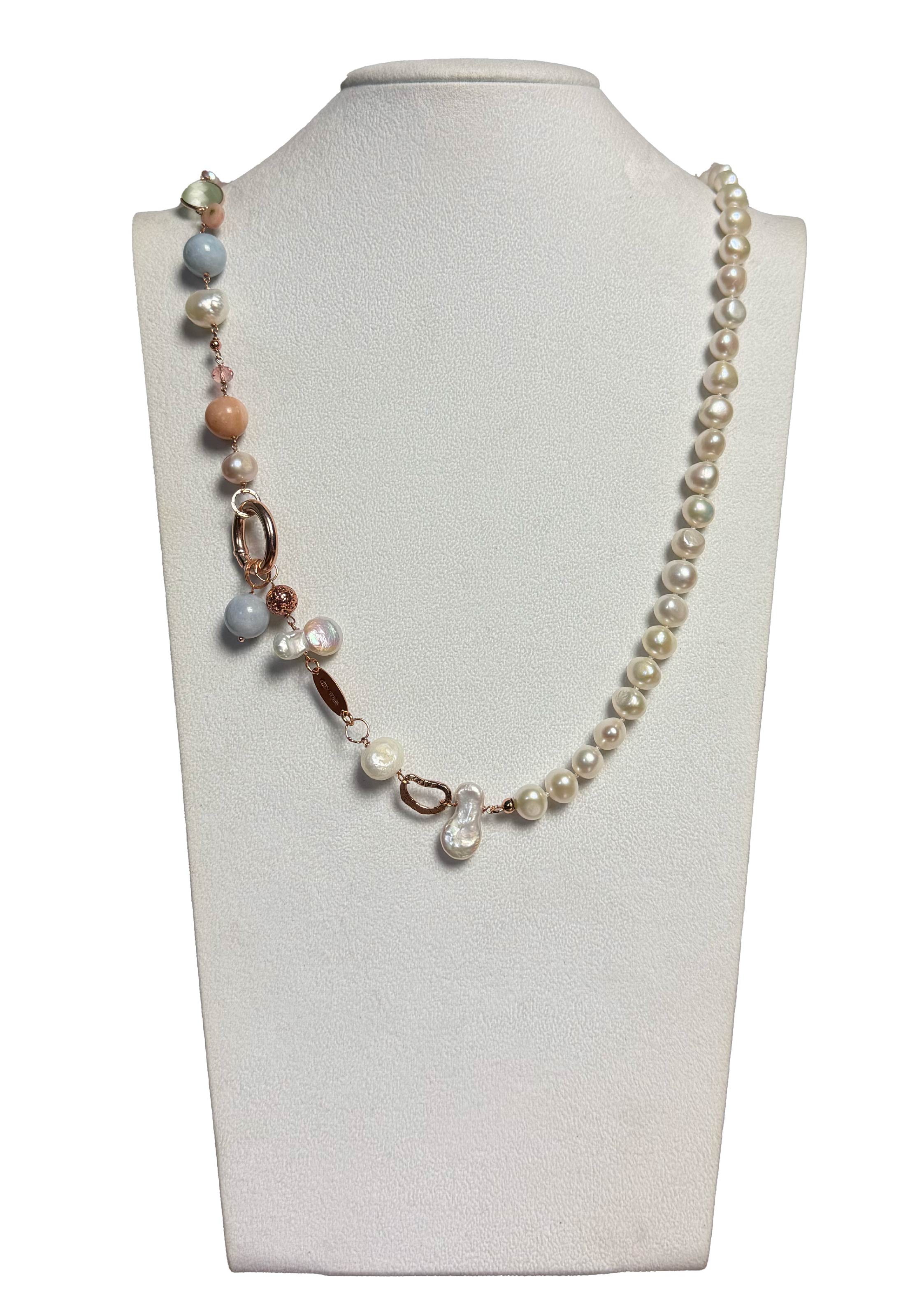 Collana scomponibile perle, acquamarina, opale rosa e quarzo