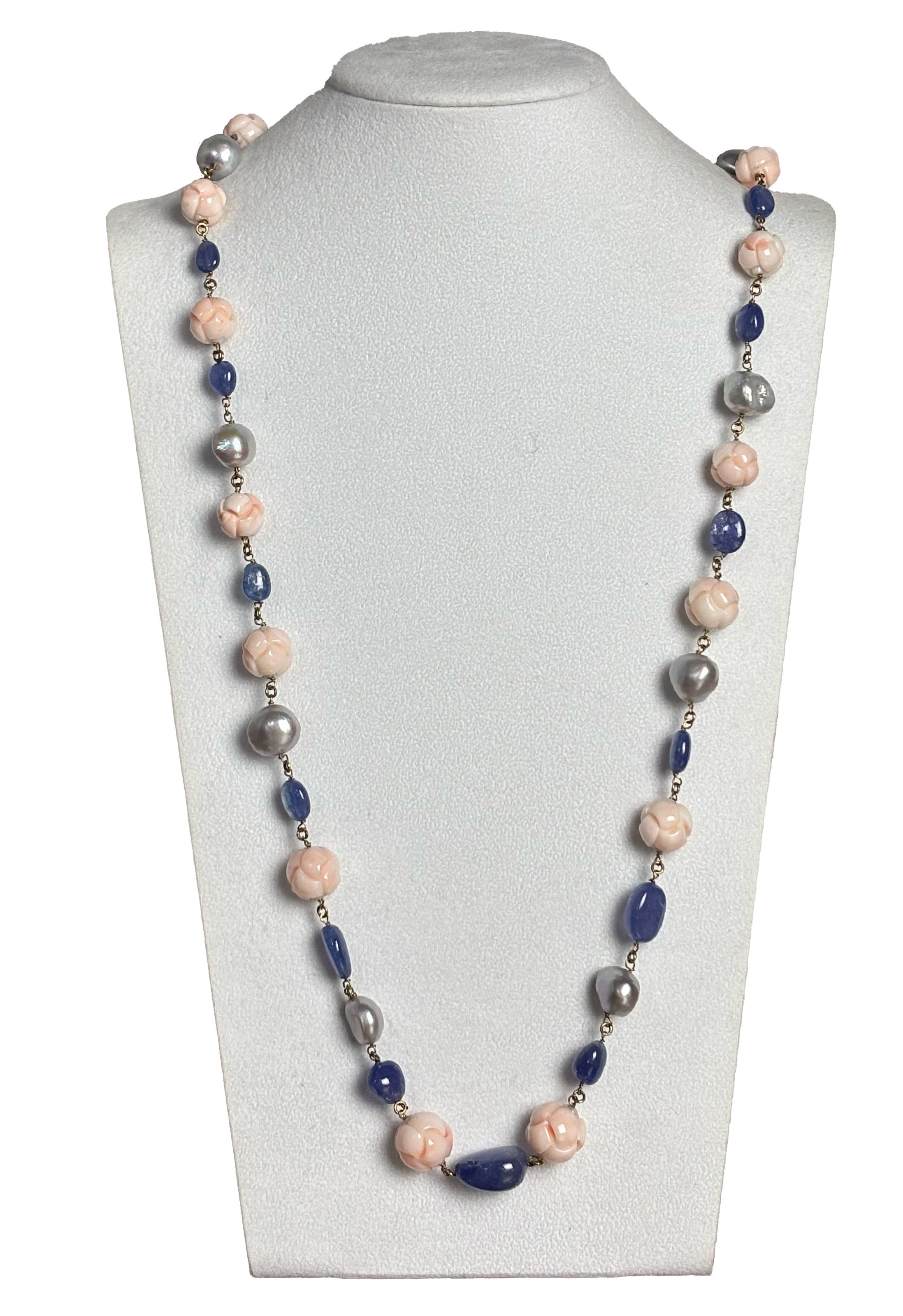 Collana corallo tanzaniti perle