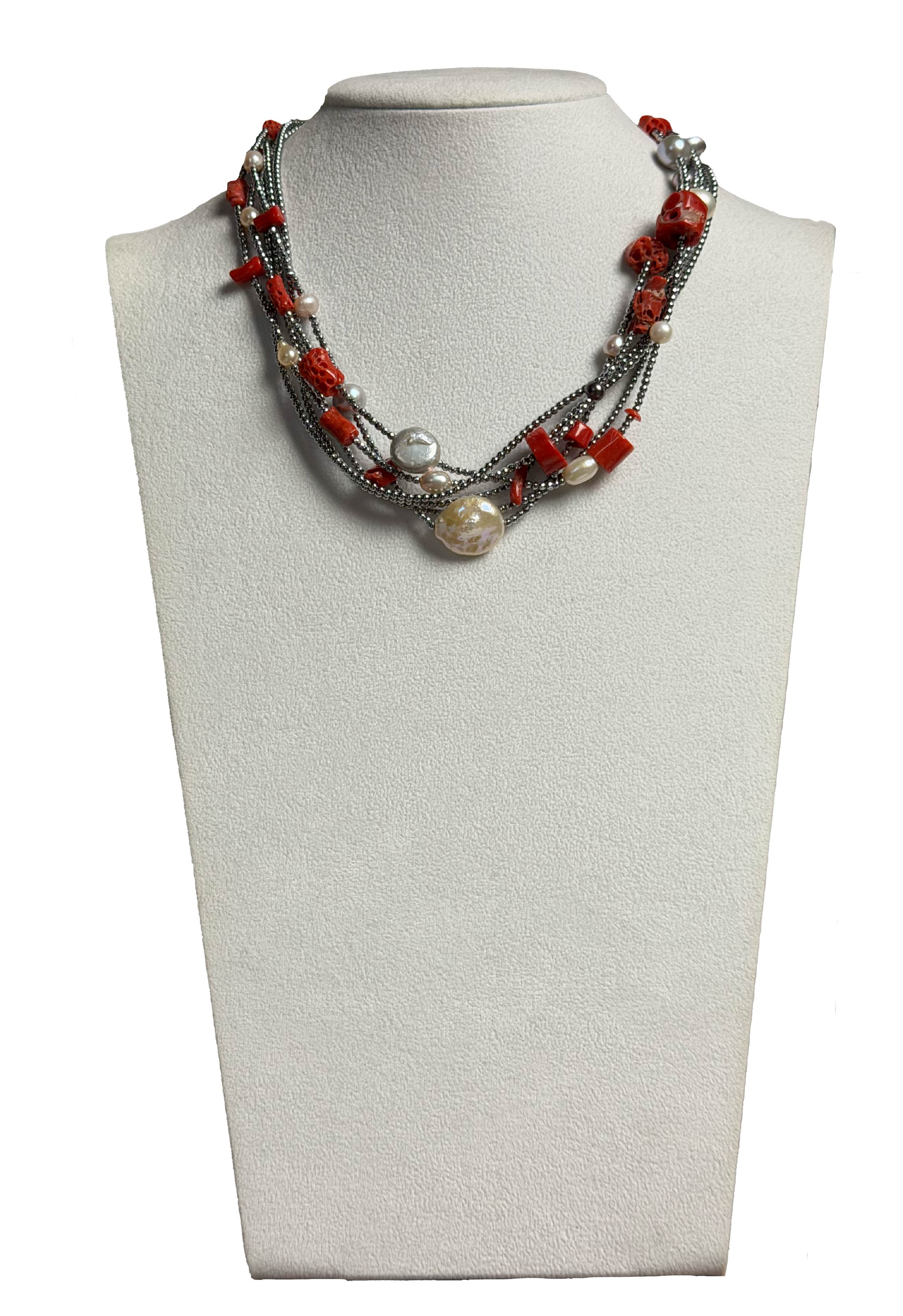 Girocollo ematite, corallo rosso e perle