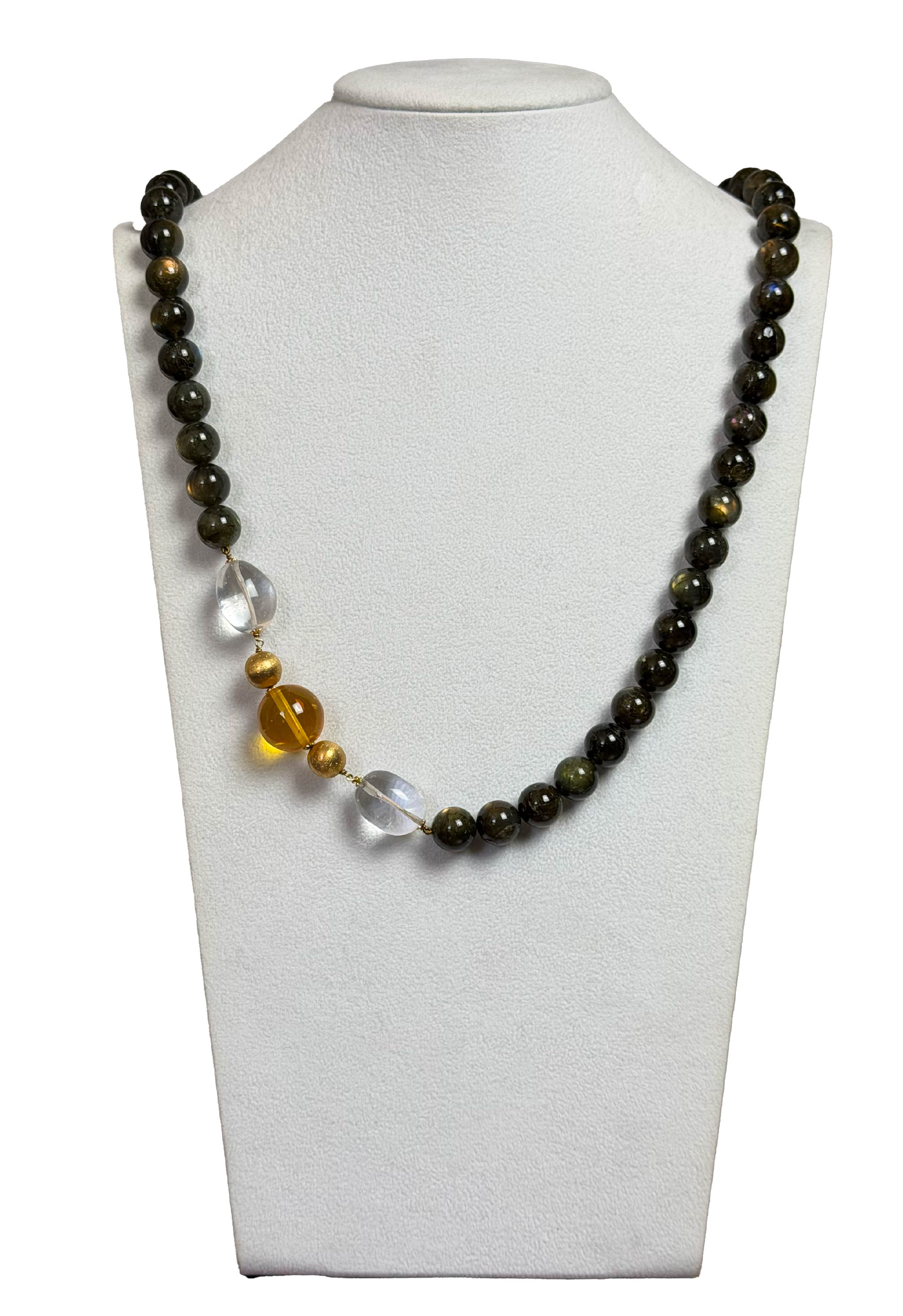 Collana sfere labradorite, ambra e cristalli rocca