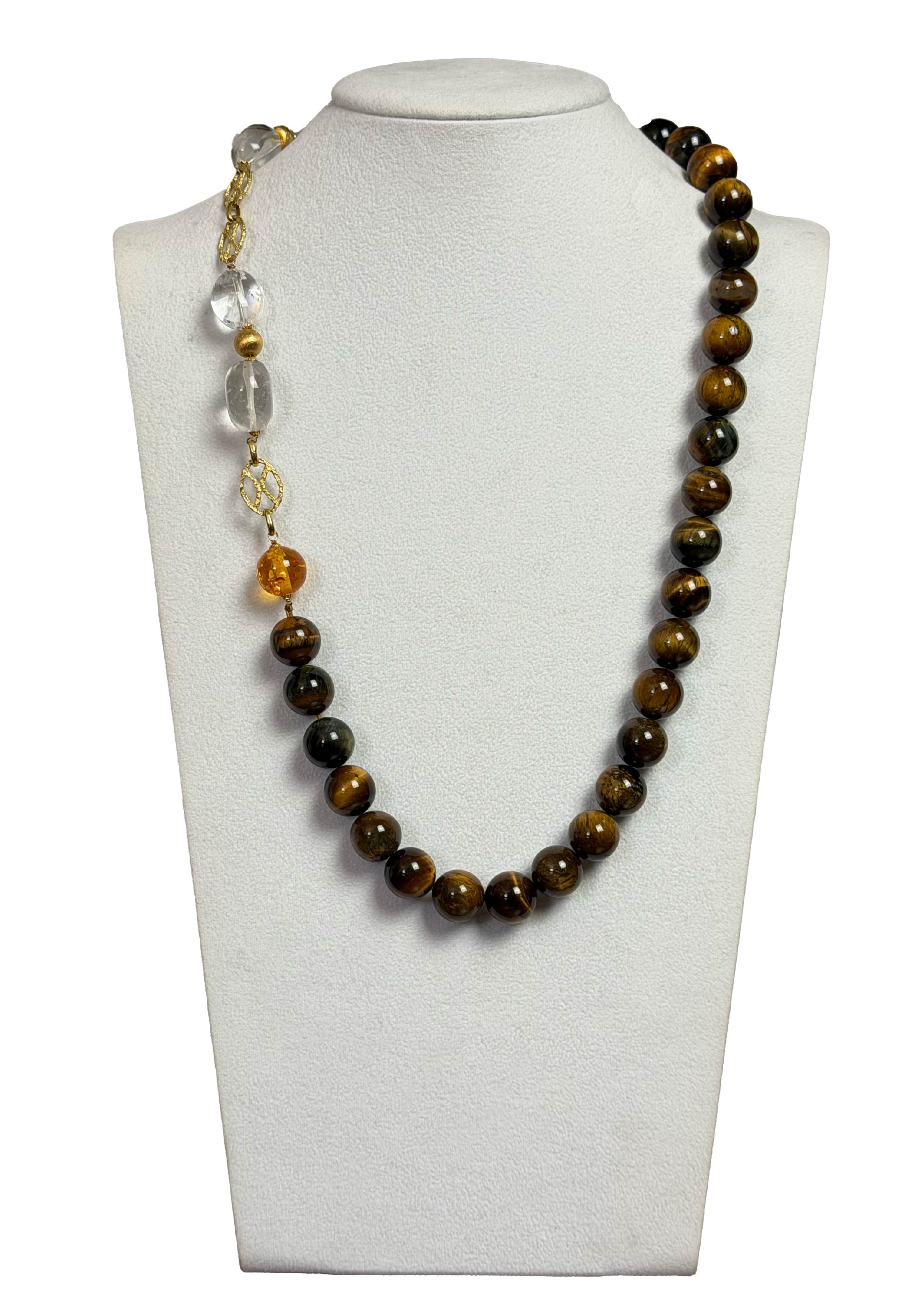 Collana sfere occhio di tigre, ambra e cristalli di rocca