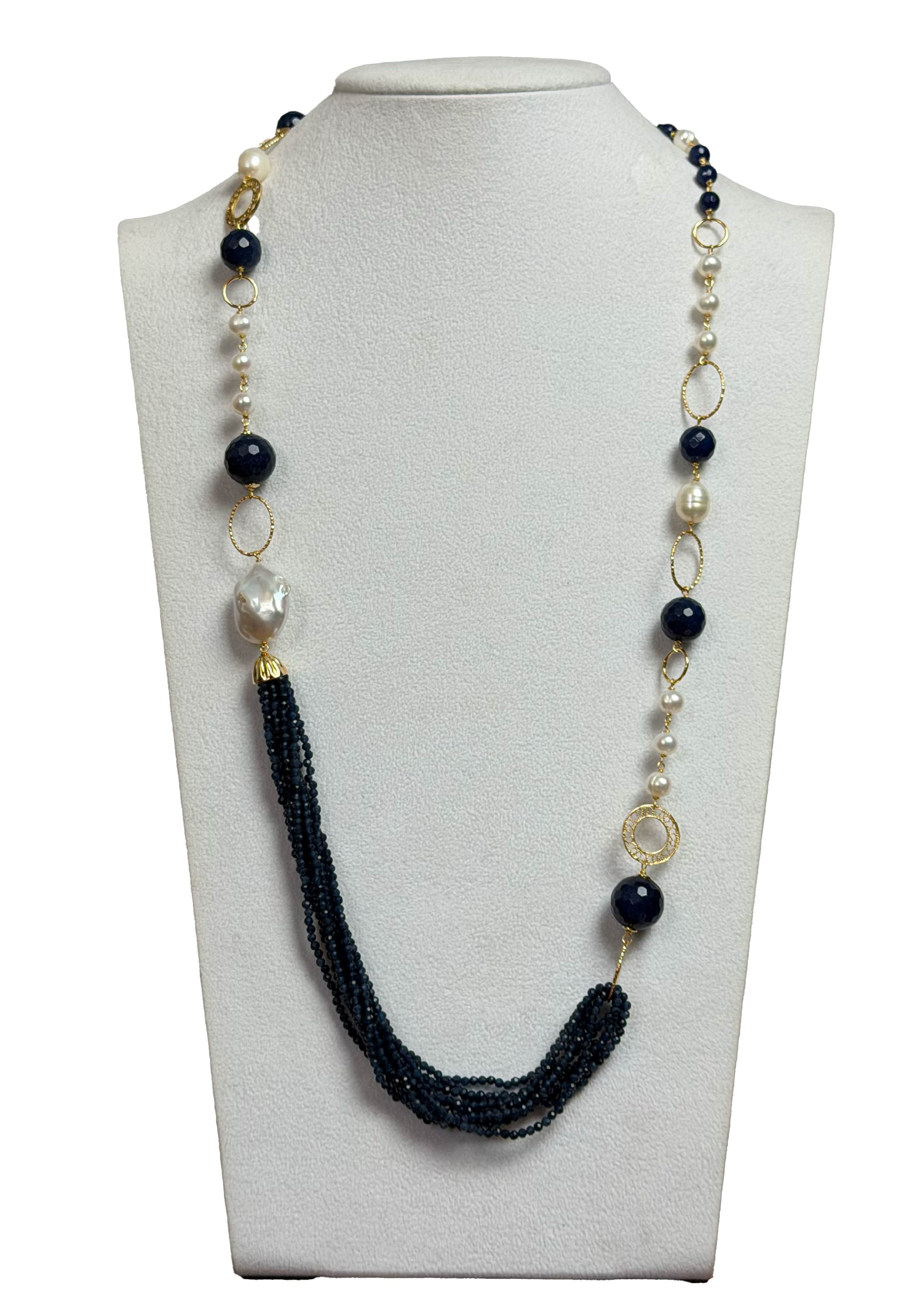 Collana agata blu e perle