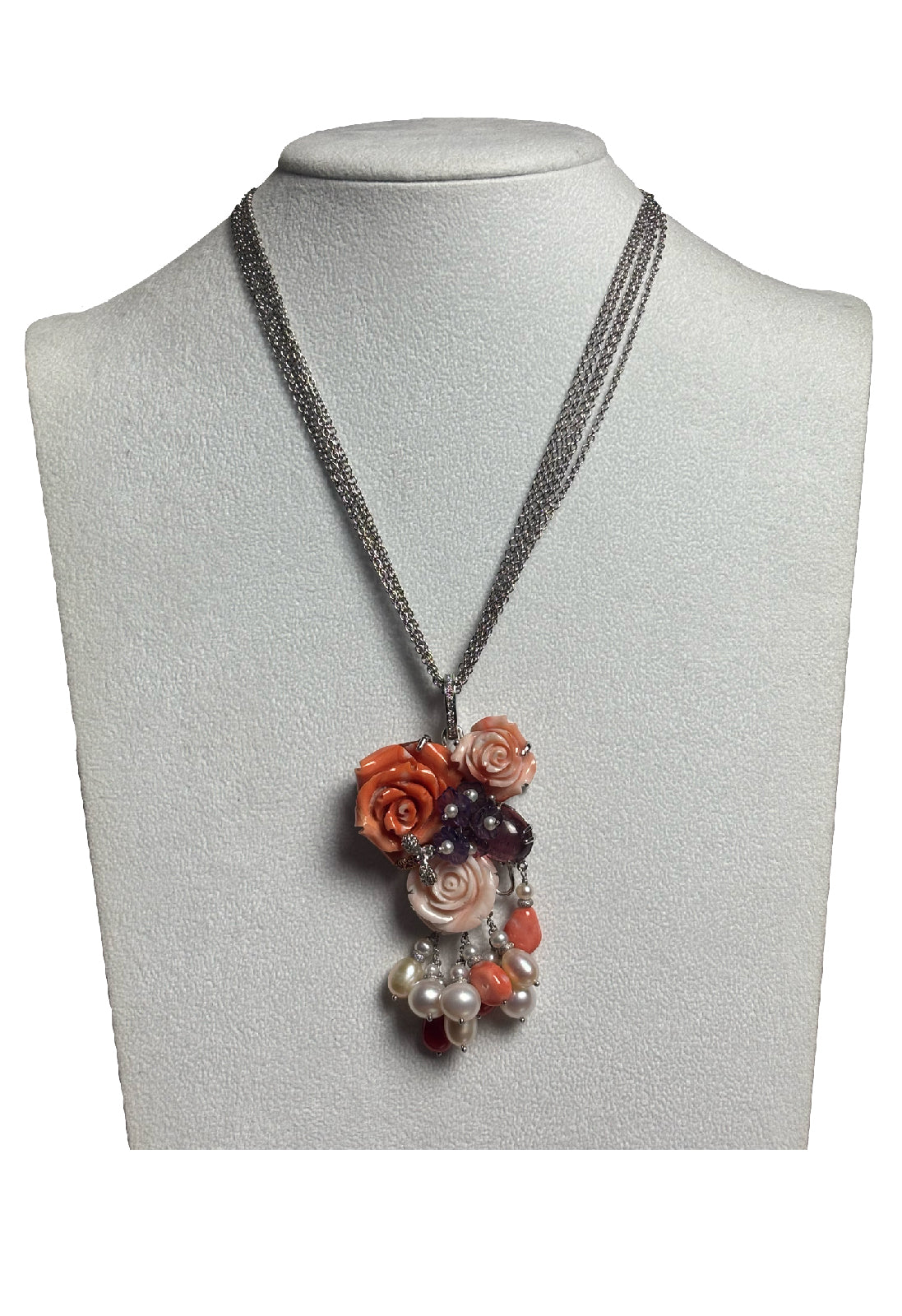 Girocollo/spilla rose corallo tormalina