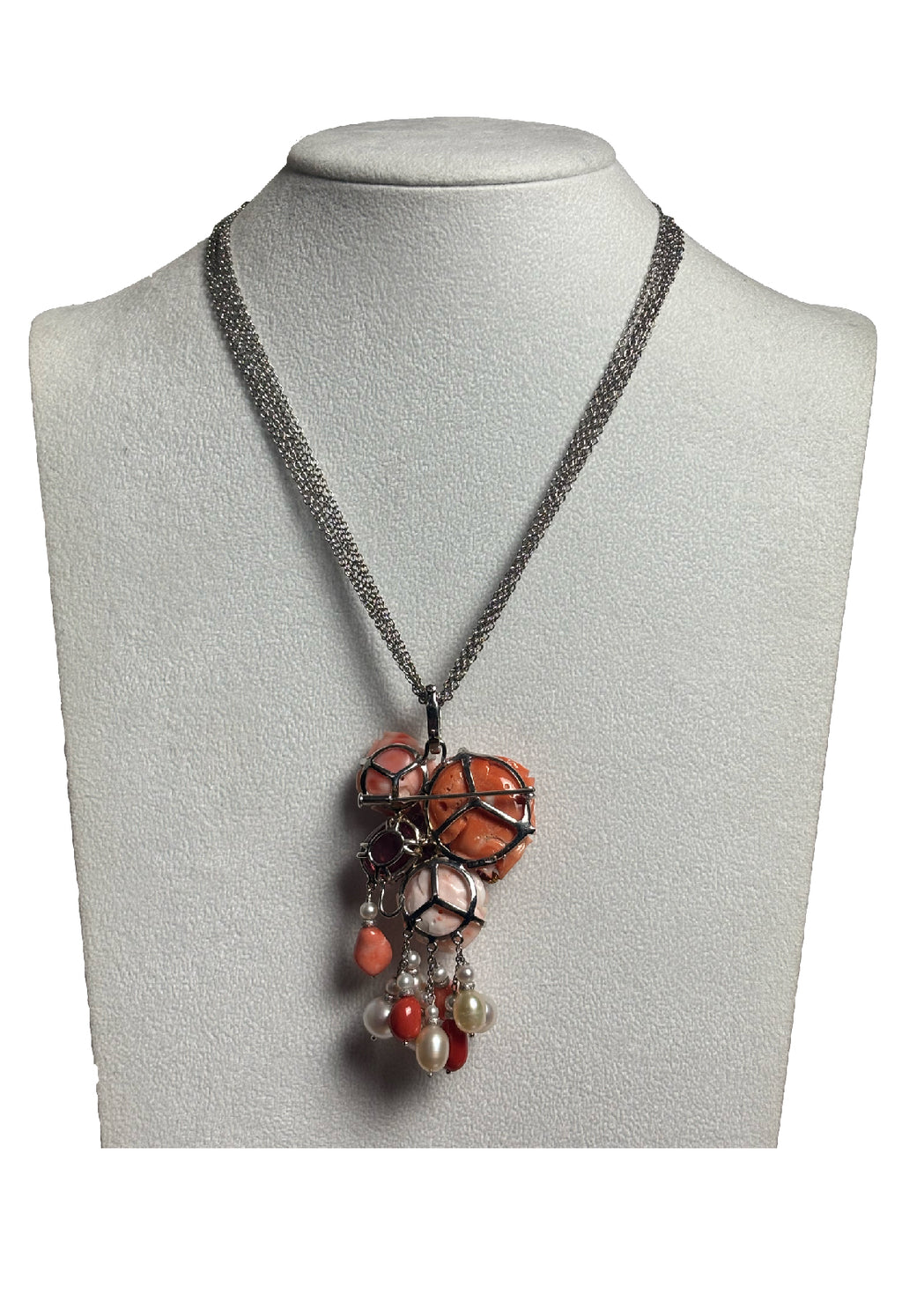 Girocollo/spilla rose corallo tormalina