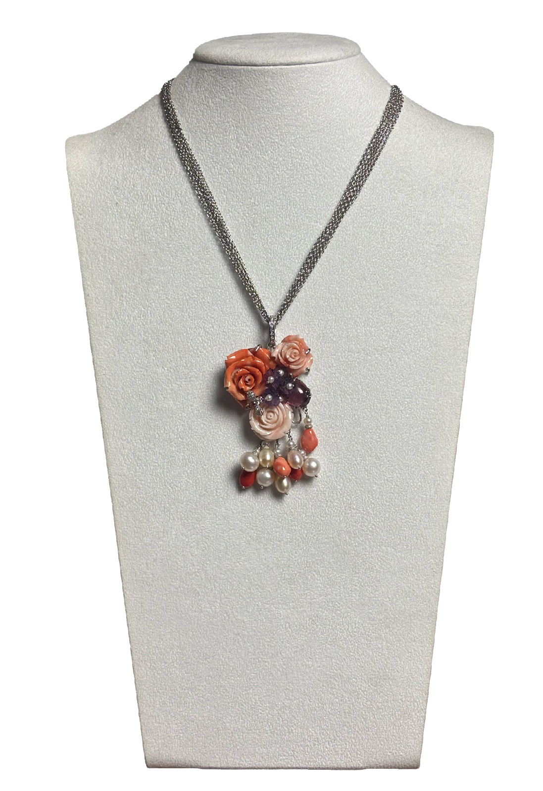 Girocollo/spilla rose corallo tormalina