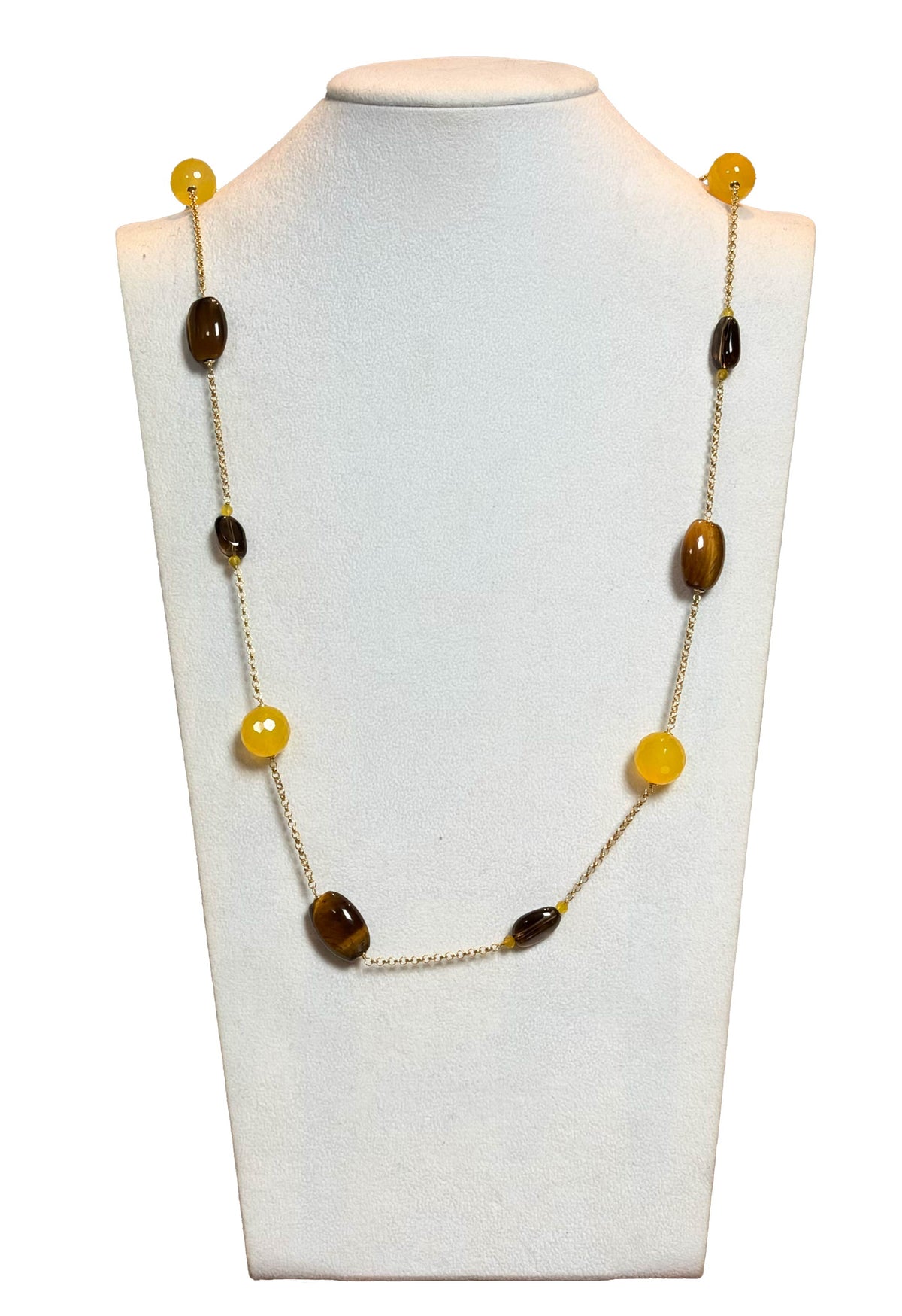 Collana Amalfi rajola sfere in agata gialla, occhio di tigre e quarzo fumé